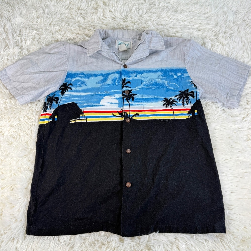 Vintage Kolekole Hawaiian Shirt Mens Palm Tree Beach Scene Button Up Size Small